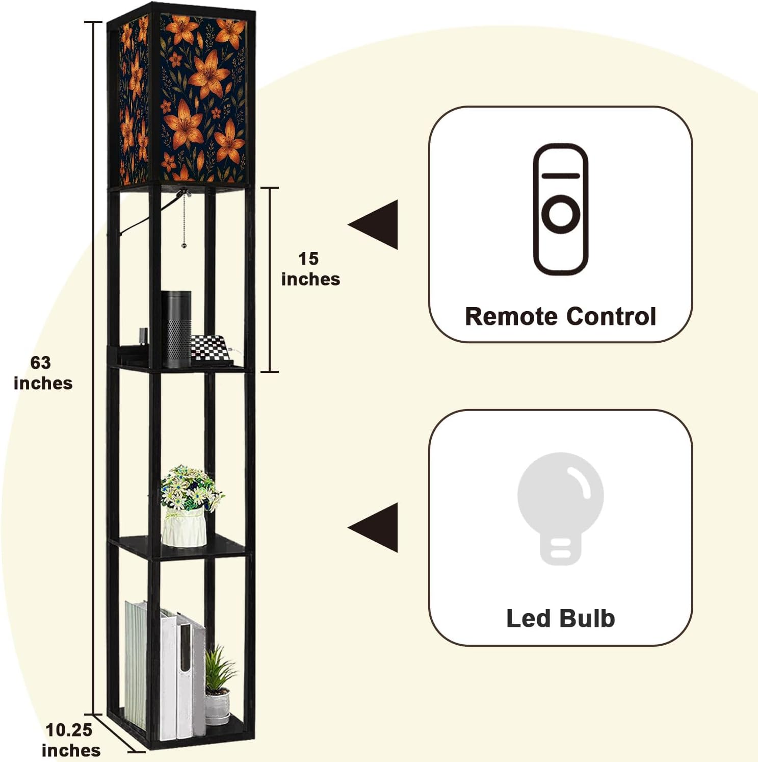 Floor Lamp with Shelves Watercolor Made Tiger Lilies Wild Herbs Standing Tall Lamp USB Ports & Power Outlet Modern Corner Lamp Nightstand Light for Living Room Bedroom