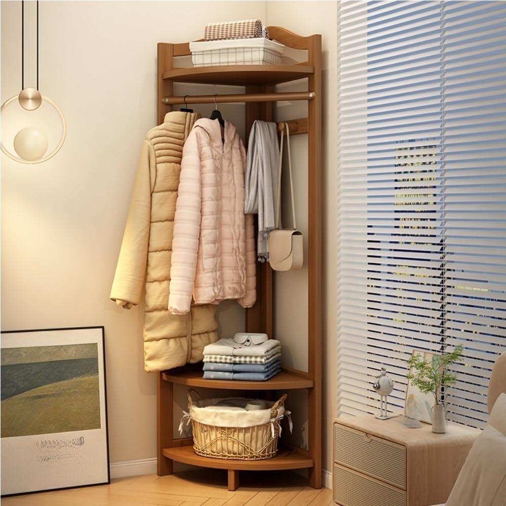 Simple Storage Rack, Floor-standing Coat Rack with Shelves, Corner Coat Rack with Hooks, Multifunctional Clothes Hanger for Living Room, Entrance, Bedroom(Beige)