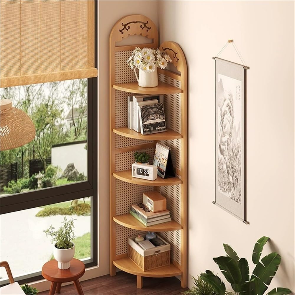 5-Tier Corner Bookshelf, Boho Corner Shelf Stand, Free Standing Rattan Storage Shelves, Tall Standing Shelf Organizer, Bookshelf, Plant Stand for Living Room Bedroom Study Kitchen(Khaki)