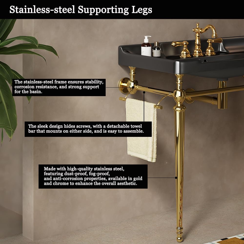 28' Bathroom Console Sink, Wall-Mounted White Ceramic Vanity Basin with 3 Pre-drilled Faucet Holes, Freestanding Gold Stainless Steel Support Legs with Towel Bar, No Faucet - Rome, Black