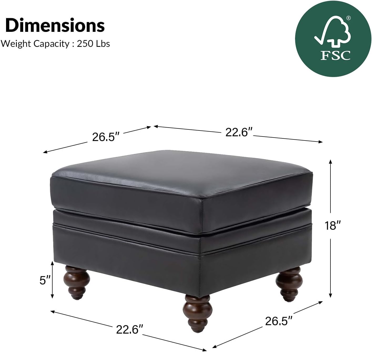 HULALA HOME Genuine Leather Ottoman Coffee Table, Ottoman Foot Rest for Living Room, Black
