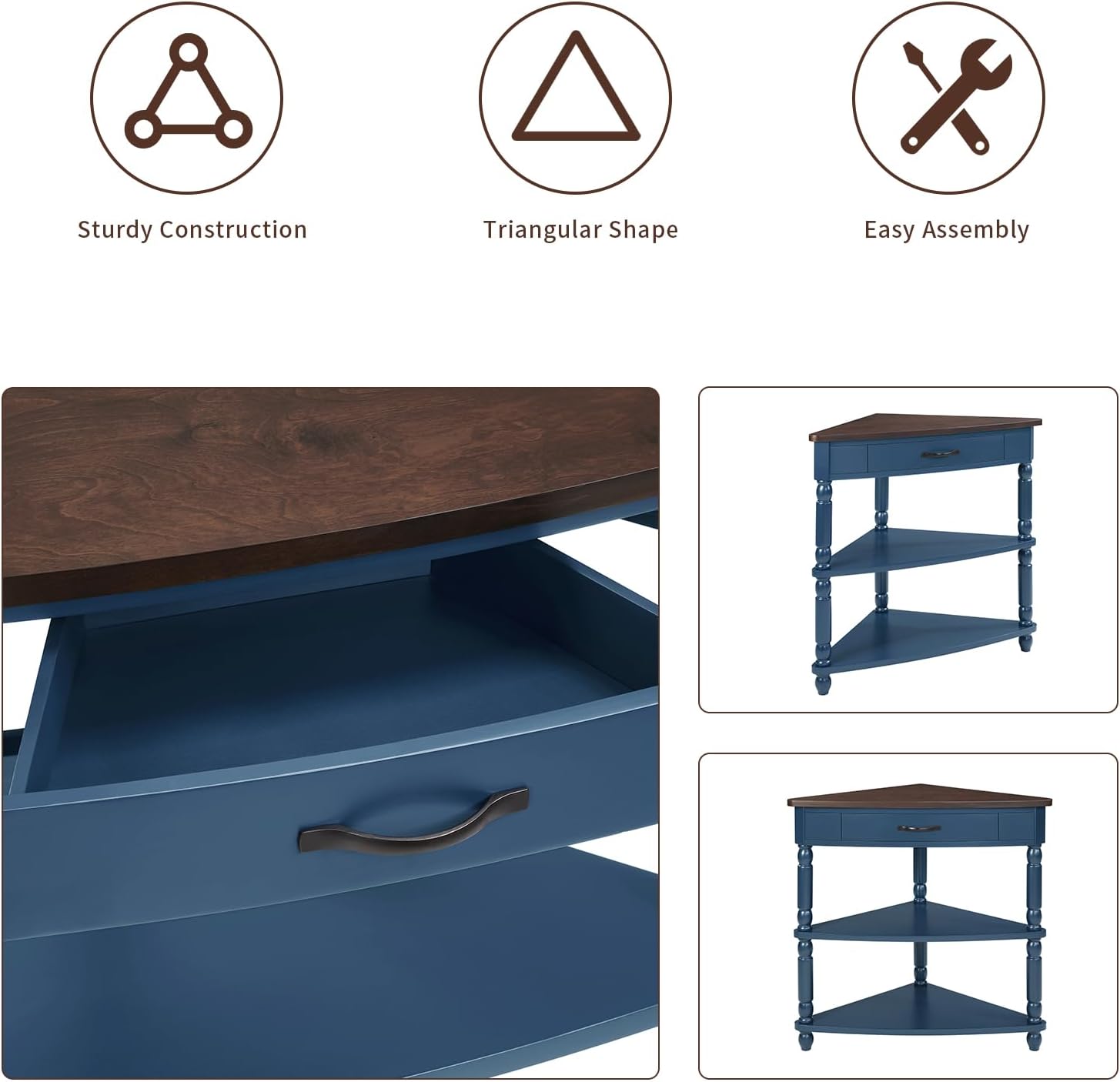 33.86' Corner Table, Wood 3 Tier Triangle Side Table Corner Shelf Stand with Solid Wood Legs 1 Drawer & 2 Storage Shelves for Living Room Small Space (Navy Blue)
