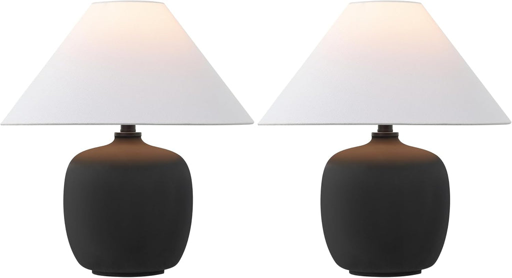 JONATHAN Y 18.25' Matte Black Minimalist Table Lamps Set of 2 for Bedroom, White Linen Shade, Modern Scandinavian Bedside Lamps for Living Room Nightstand, LED Bulbs Included JYL5600A-SET2