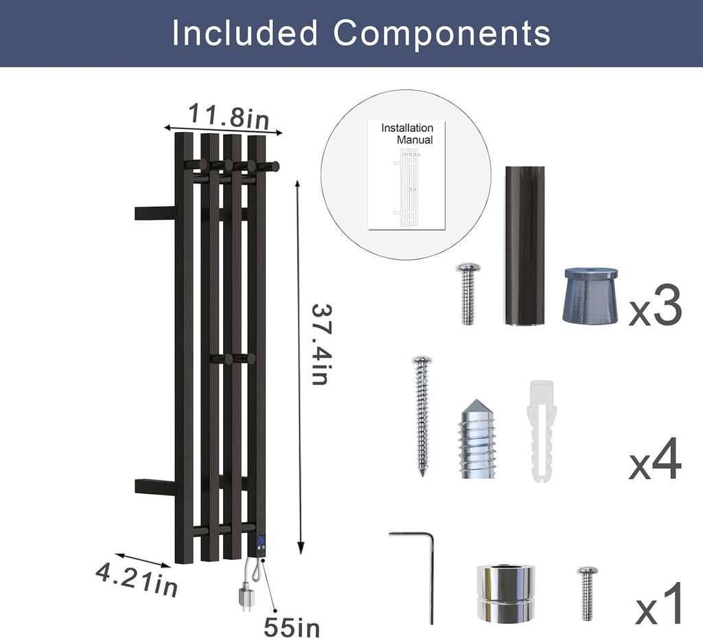 Electric Heated Towel Rack Warmer, Wall Mounted Towel Warmer, 304 Stainless Steel, 37.4 x 11.8 x 4.2 Inches, 4 Vertical Square Bars with Timer (Black)
