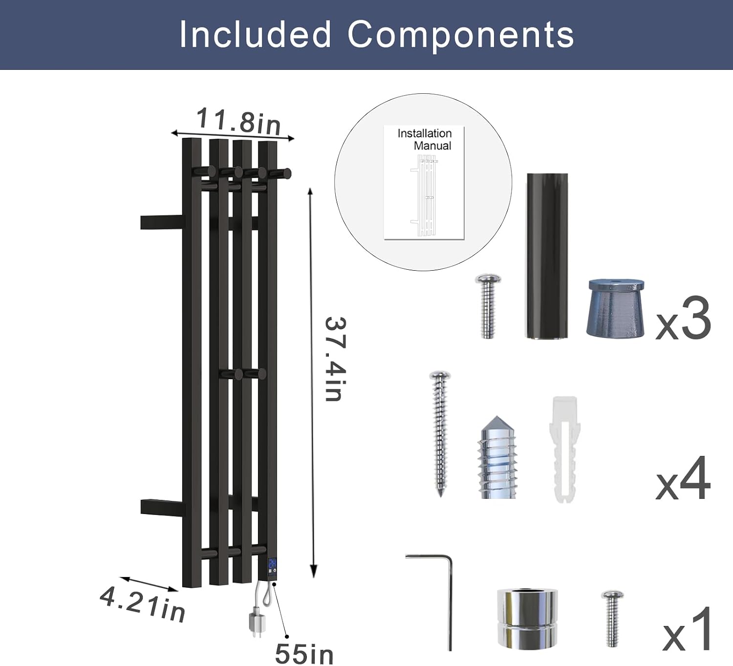 Electric Heated Towel Rack Warmer, Wall Mounted Towel Warmer, 304 Stainless Steel, 37.4 x 11.8 x 4.2 Inches, 4 Vertical Square Bars with Timer (Black)