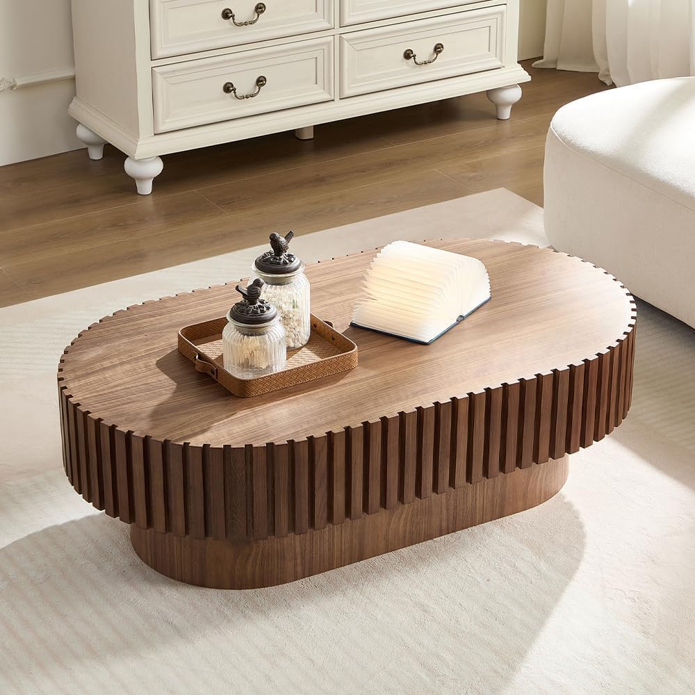 Oval Coffee Table for Living Room Fluted Coffee Table Mid Century Modern Center Table Wood Tea Table with Pedestal Home Furniture Office Apartment Easy Assembly 43.7' Walnut