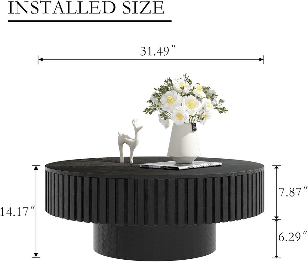 31.49'' Round Drum Coffee Table with Storage Space, Modern Wood Circle Fluted Coffee Tables Handcrafted Fluted Center Table for Living Room Apartment, Easy Assembly