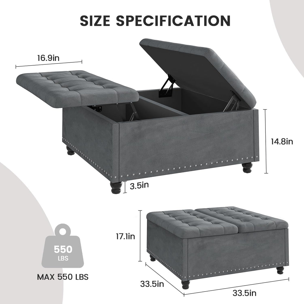FUXA 35 Inch Large Square Ottoman with Storage, Oversized Ottoman Coffee Table with Lift Top and Wood Legs, Tufted Upholstered Storage Ottoman Bench for Living Room (Gray)