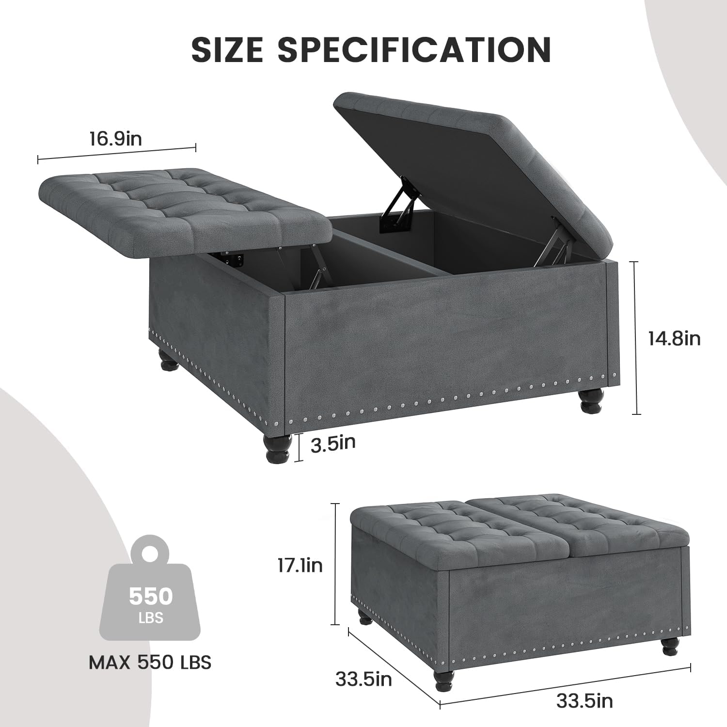FUXA 35 Inch Large Square Ottoman with Storage, Oversized Ottoman Coffee Table with Lift Top and Wood Legs, Tufted Upholstered Storage Ottoman Bench for Living Room (Gray)