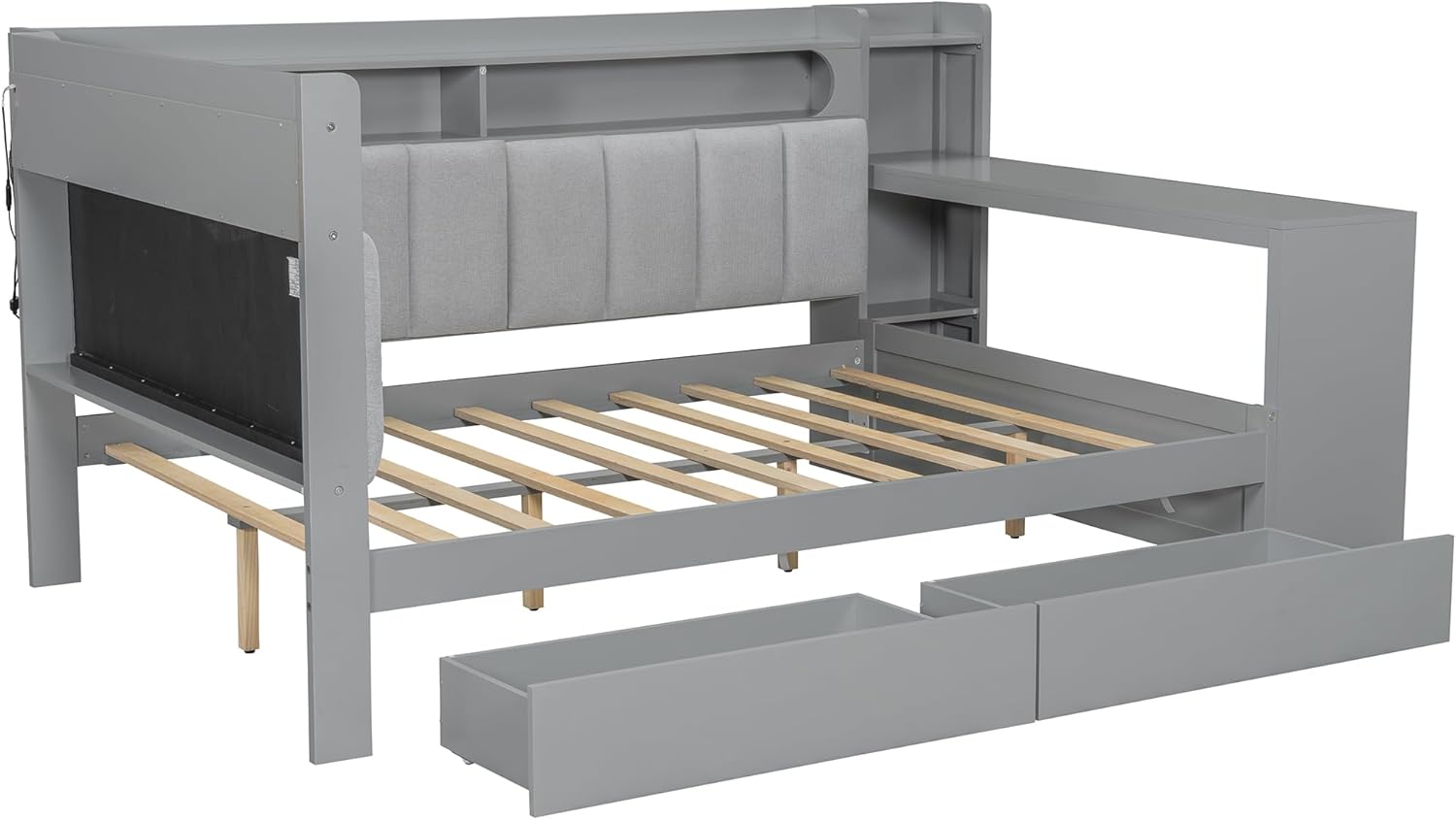 SOFTSEA Full Size Corner Bed with Desk, Drawers, L-Shaped Daybed with LED Lights, USB Ports & Upholstered Headboard, Full Corner Daybed Frame with Desk for Kids Teens, Gray