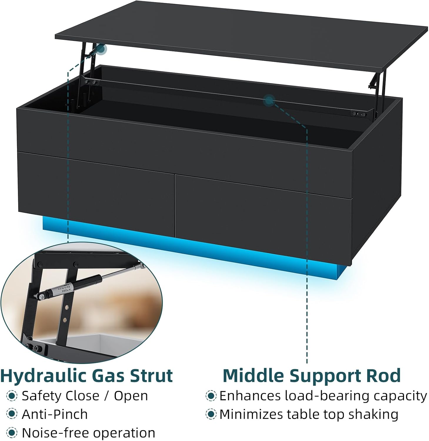 HOMMPA 40'' Lift Top Coffee Table for Living Room, Black Coffee Tables with Storage, LED Modern Coffee Table Rectangular Black Gloss, Flip Top Center Table with 2 Drawers and Hidden Compartment