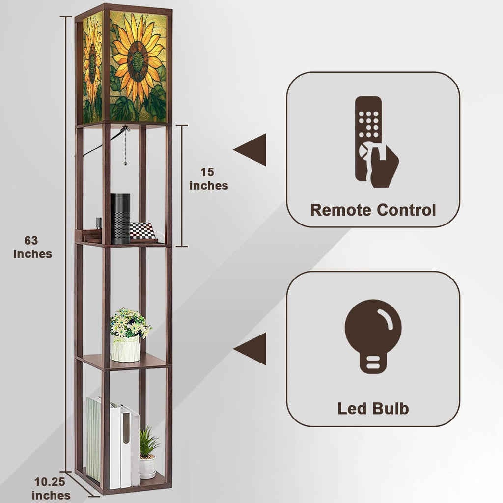 Floor Lamp with Shelves Sunflower Stained Glass Decoration Vibrant Window Art Standing Tall Lamp USB Ports & Power Outlet Modern Corner Lamp Nightstand Light for Living Room Bedroom
