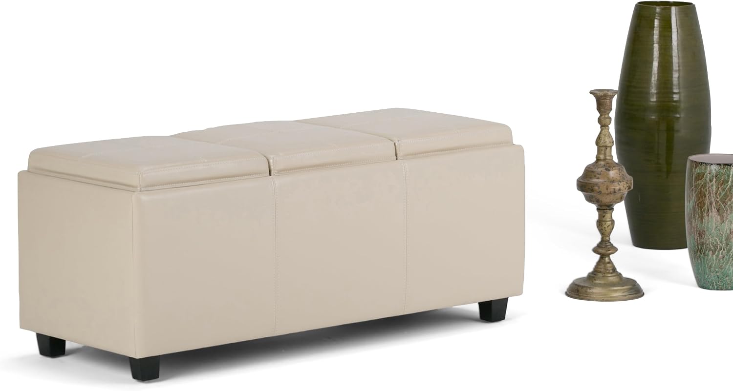 SIMPLIHOME Avalon Storage Ottoman - 42 inch Wide Upholstered Vegan Leather Rectangular Flip-Top Ottoman in Satin Cream, Contemporary Coffee Table Ottoman for Living Room with Hidden Storage