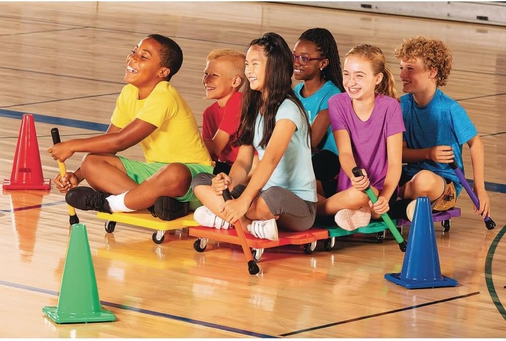 S&S Worldwide 16' Scooter Board with Handles - Set of 6 Multicolor Gym Scooters with Durable HDPE Plastic Base, Non-Marring 2' Casters, Hand Guards, 200 lb Capacity for PE Class, Indoor & Outdoor Play