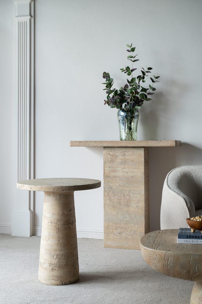 WILLIAMSPACE 22' Cream Round End Table Side Table for Living Room, Modern Magnesium Oxide Stone Small Coffee Table with Pedestal Base, 22'x22'x25.5'H (Cream)