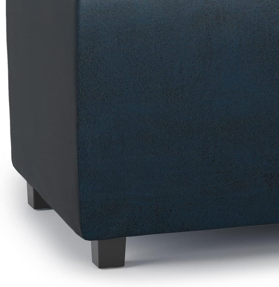 SIMPLIHOME Avalon Storage Ottoman - 42 inch Wide Upholstered Vegan Leather Rectangular Flip-Top Ottoman in Distressed Dark Blue, Contemporary Coffee Table Ottoman for Living Room with Hidden Storage