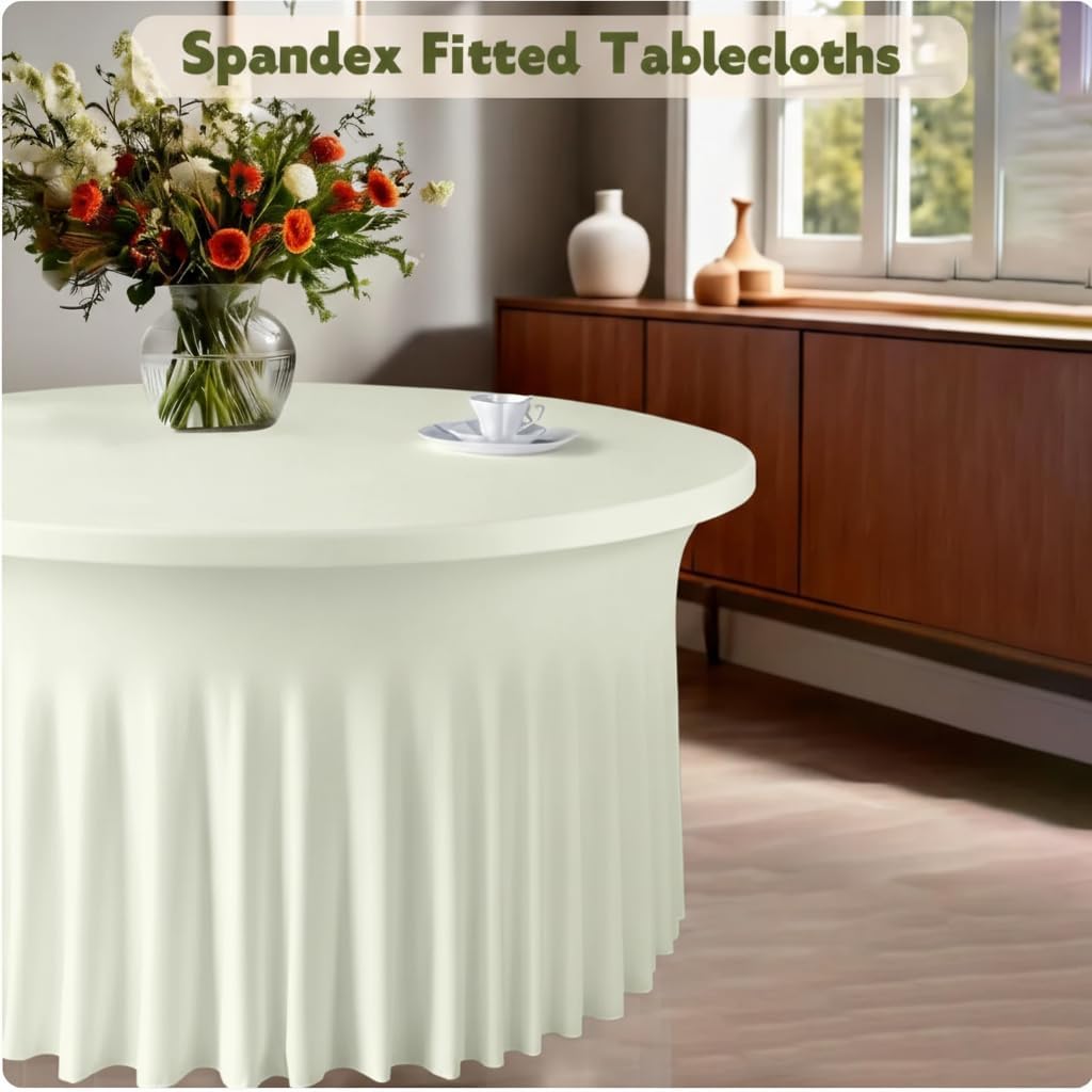 WJWHQ 10 Pack Ivory Green Round Spandex Tablecloths for 60in Tables, 120Inch Stretchy Fitted 5FT Round Table Clothes,Wrinkle Free Table Cover with Skirt for Wedding Party Dining Banquet