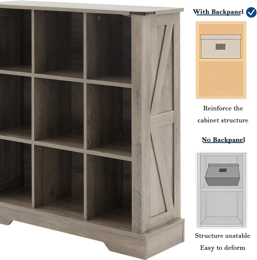 9 Cube Storage Organizer, 3 Tier Book Shelf with Led Lights, Farmhouse Book Shelves for Living Room, Horizontal Toy Storage Bookshelf, Wood Display Bookcase Cabinet for Bedroom, Office, Grey