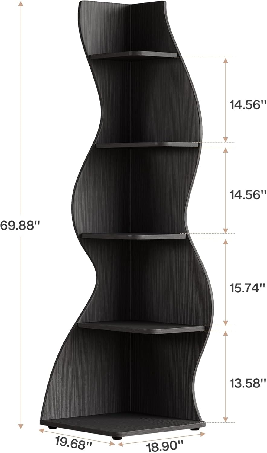 Tribesigns Wavy Corner Shelf Set of 2, Modern 5-Tier Bookshelf Etagere Bookcase with Curvy Shape, Unique Plant Stand Display Shelf for Living Room Small Space (Black)