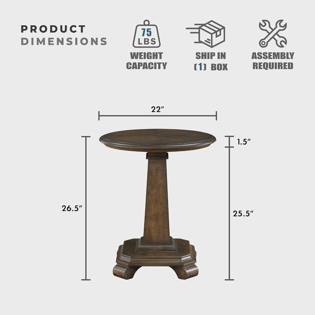 Lexicon 22 Dia. Round End Table, Wood Side Table with Sturdy Pedestal Leg, Cherry Veneer Accent Nightstand with for Small Spaces, Living Room, Bedroom, Entryway, Easy Assembly, Brown