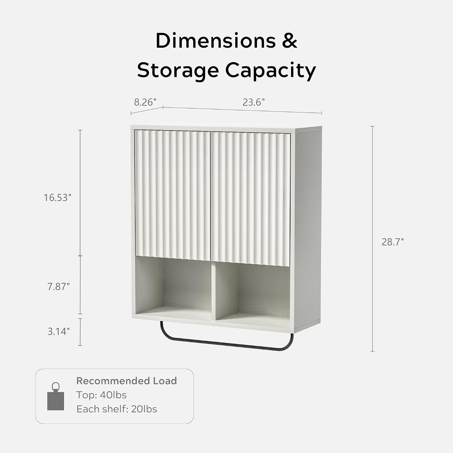 EYYTHUNG Fluted Wall Cabinet Set of 2, Wooden Bathroom Medicine Cabinet Storage with 2 Doors, Adjustable Shelf and Towels Bar, Modern Wall Mount Large Floating Cabinet for Kitchen White