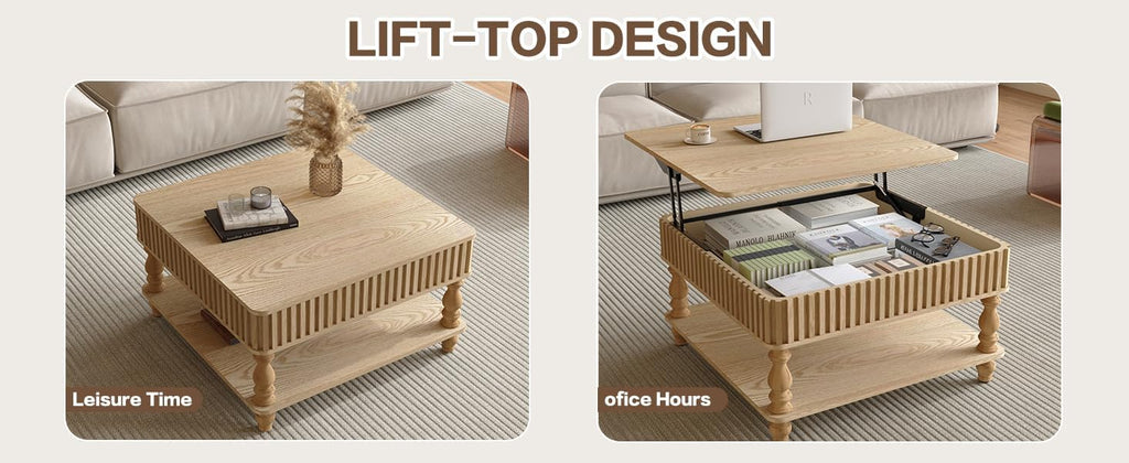 HARR Lift Top Square Coffee Table with Storage, 31.5'' Sofa Side End Table, Fluted Design Hydraulic Raising Mechanism, Hidden Compartment & Open Shelf, Retro Solid Wood Legs for Living Room, Natural
