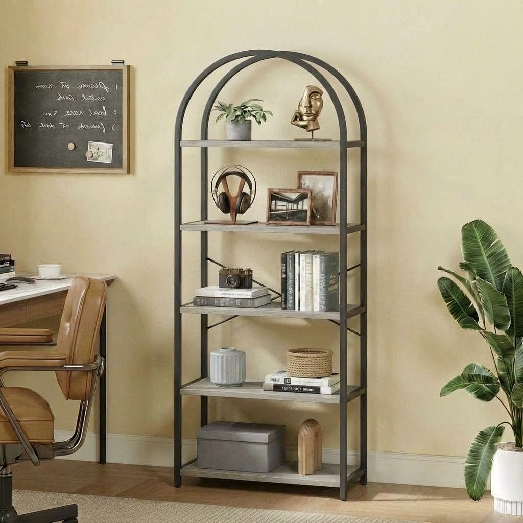Takywep Bookshelf, Arched Bookcase with Metal Frame 5 Tiers Bookshelf Industrial Arched Cabinet Display Shelf Floorstanding Storage Shelving Unit for Bedroom, Living Room and Home Office, Gray