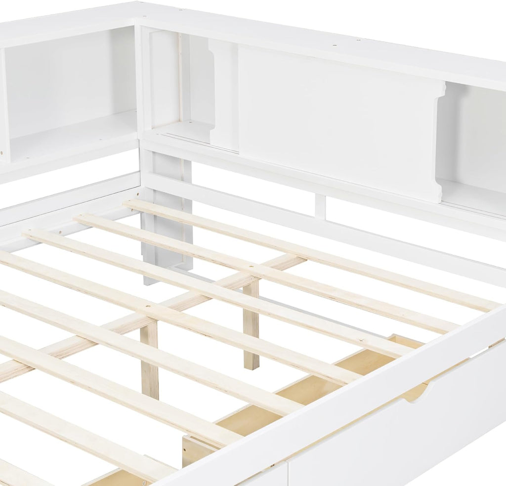 SOFTSEA Queen Size Daybed with LED Lights and 2 Drawers, L-Shaped Corner Bed Frame with Bookcase and Storage Shelves, White