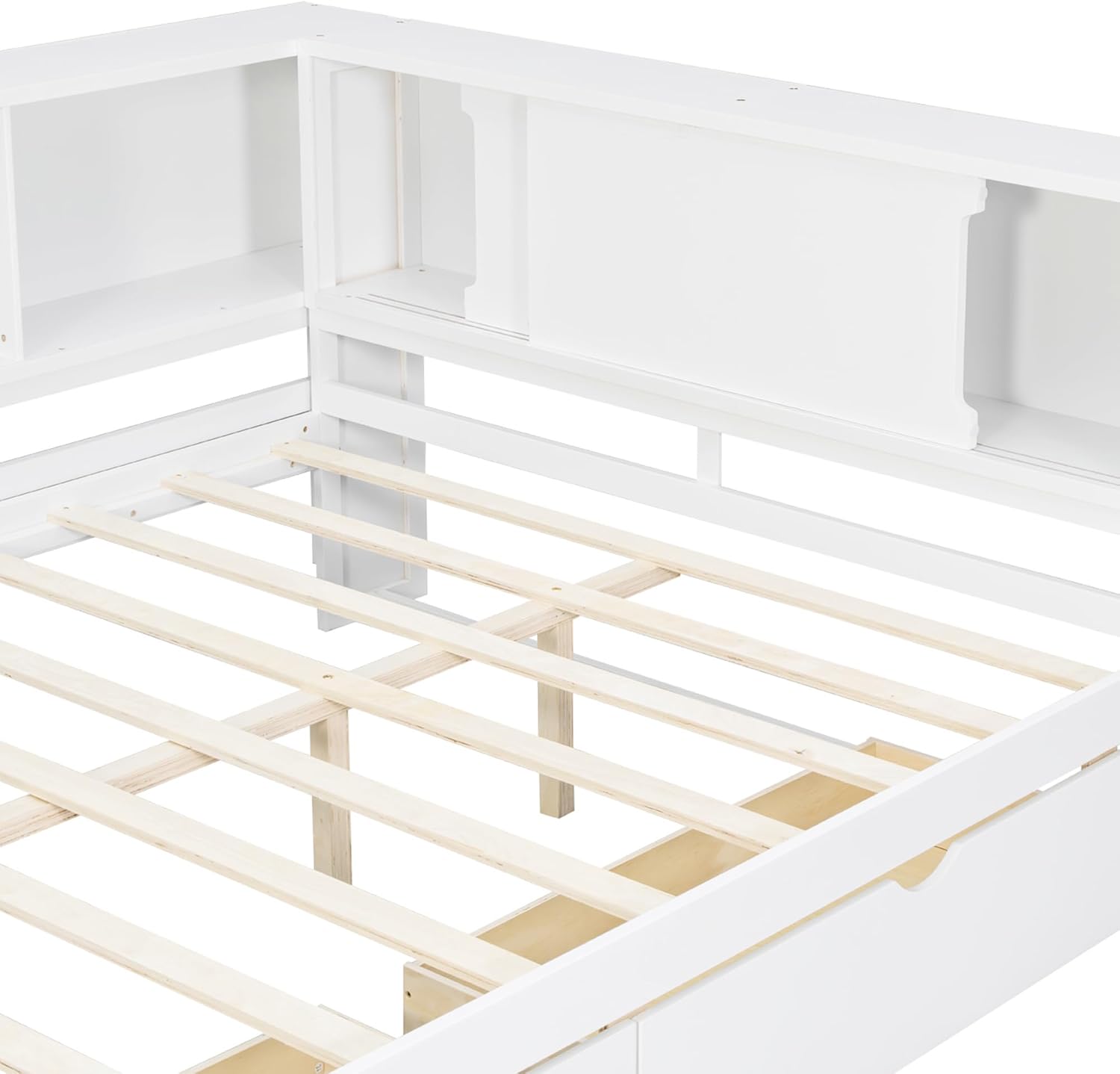 SOFTSEA Queen Size Daybed with LED Lights and 2 Drawers, L-Shaped Corner Bed Frame with Bookcase and Storage Shelves, White
