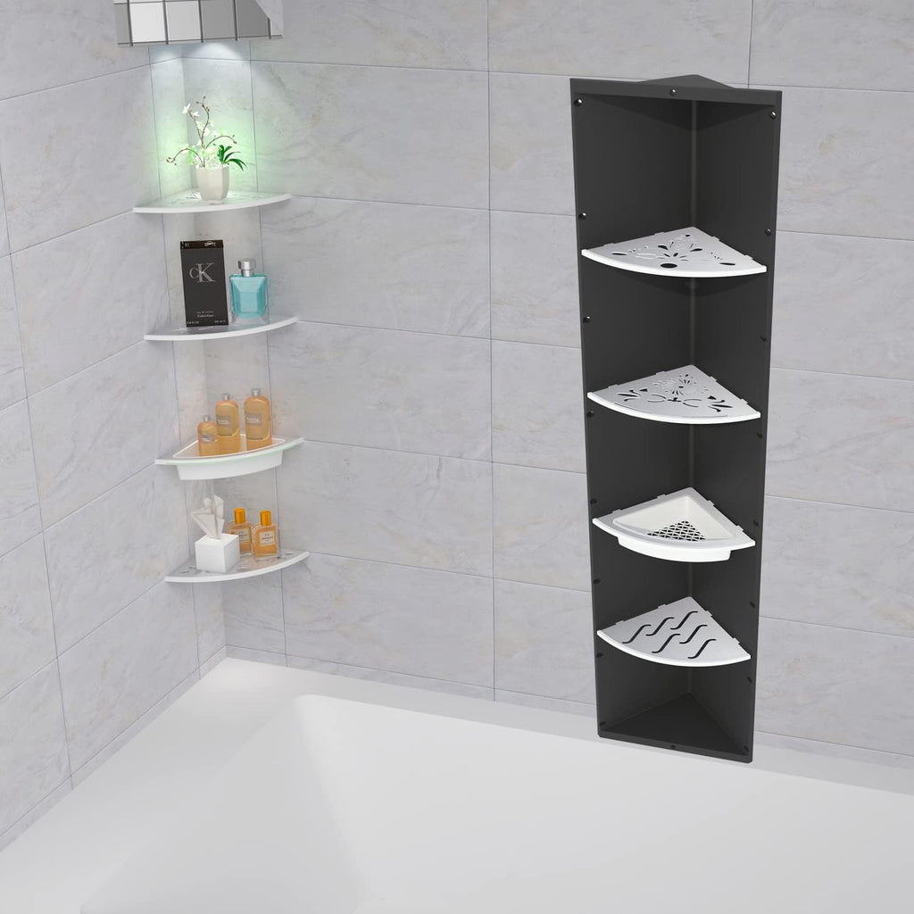 Uni-Green Corner Shower Niche, 14x60 Inch Tall Triangle Bathroom Shelf with 4 Adjustable Stainless Steel Shelves & Pre-Cut Light Hole, Black ABS Wall Recessed Storage for Shower and Bathtub