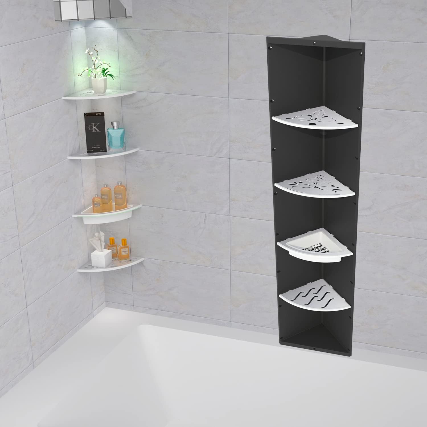 Uni-Green Corner Shower Niche, 14x60 Inch Tall Triangle Bathroom Shelf with 4 Adjustable Stainless Steel Shelves & Pre-Cut Light Hole, Black ABS Wall Recessed Storage for Shower and Bathtub