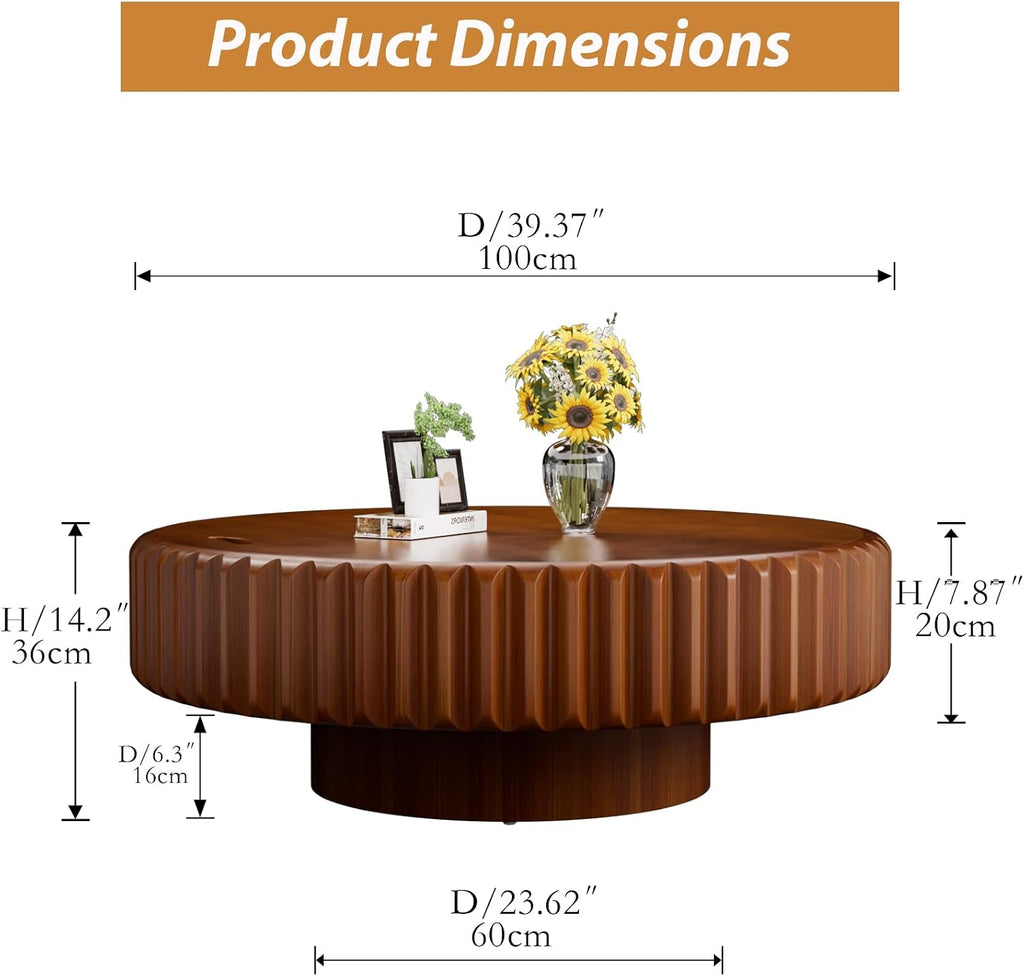 Drum Coffee Table with Hidden Storage, Modern Round Coffee Table for Living Room Circle Center Table with Solid Wood Fluted Veneered, Accent Tea Table for Small Space Apartment (Walnut 39.37 inch)