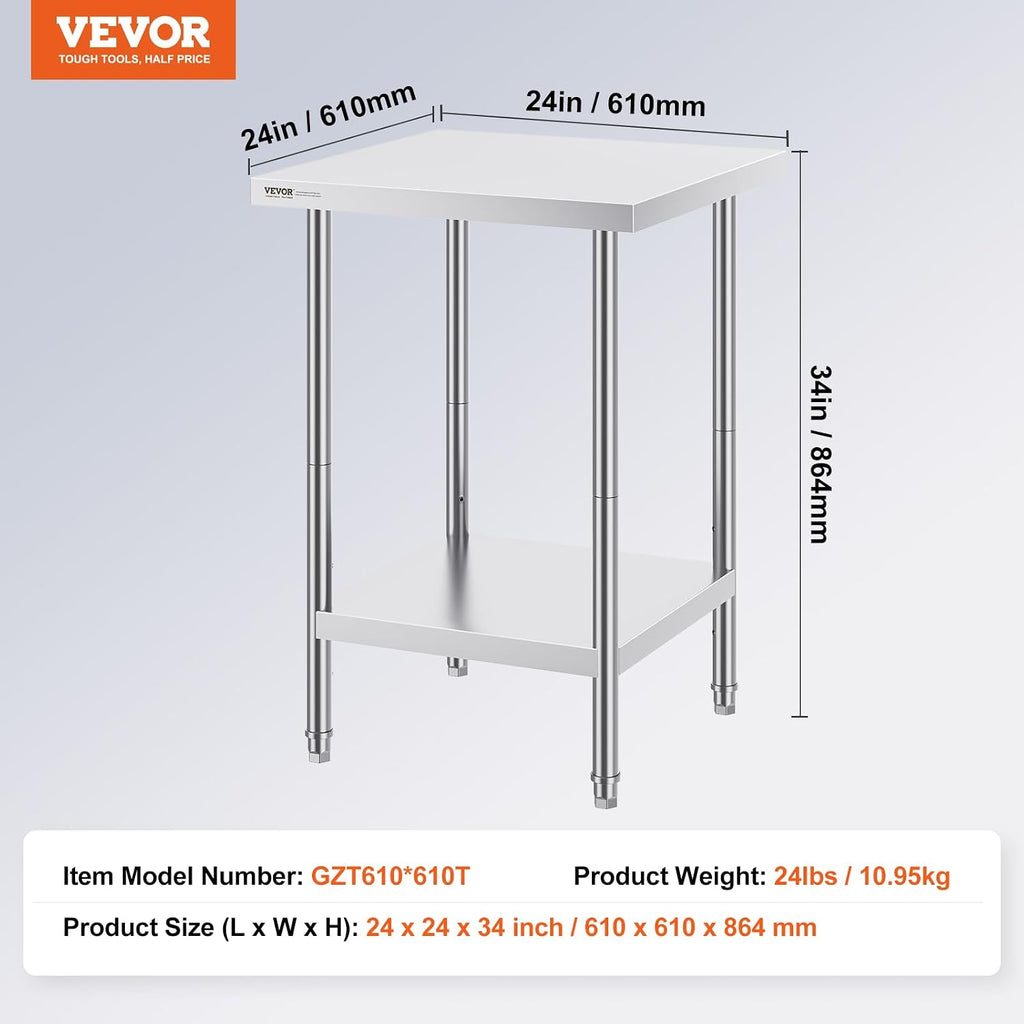 VEVOR Stainless Steel Prep Table, 24 x 24 x 34 Inch, 700 lbs Load Capacity, Heavy Duty Metal Worktable with 3 Adjustable Height Levels, Commercial Workstation for Kitchen Garage Restaurant Backyard