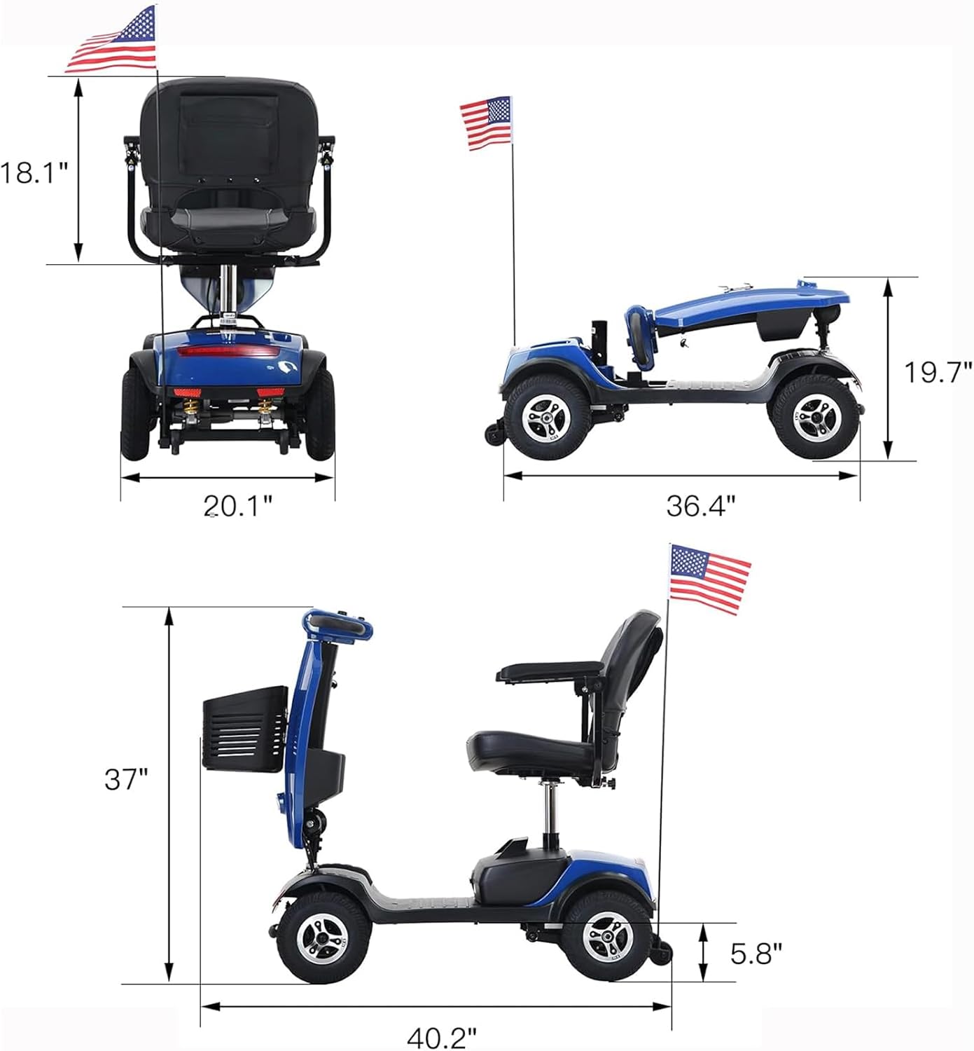 Mobility Scooters for Seniors & Adults 400 Lb Weight All Terrain,Heavy Duty 4 Wheel Foldable Powered Scooter,Portable Disability Mobile Electric Wheelchair,Luxury Seat and w/Led Lights,Blue