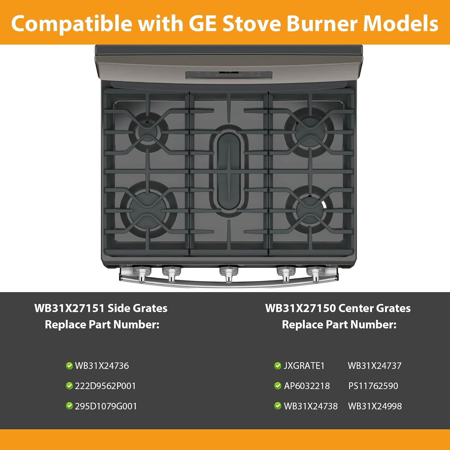 Upgraded WB31X27151 Side Grates WB31X27150 Center Grates Replacement for GE General Electric Stove Parts, WB31X24736 WB31X24737 Cast Iron Grate Cooktop Burner for JGBS66REKSS JGB735SPSS Stove Grate