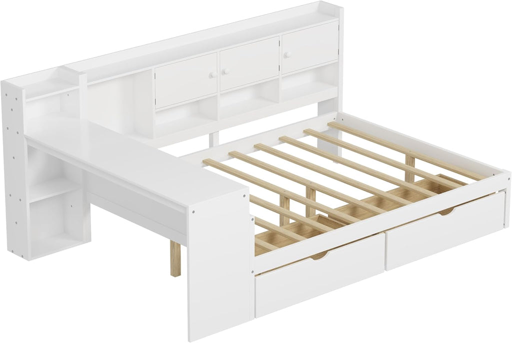 Mirightone Full Bed Frames with Storage, L-Shaped Corner Beds with Desk, Wood Daybed with Bookcase, Platform Beds with Drawers and Shelves for Living Room, Bedroom, Teens Room, White