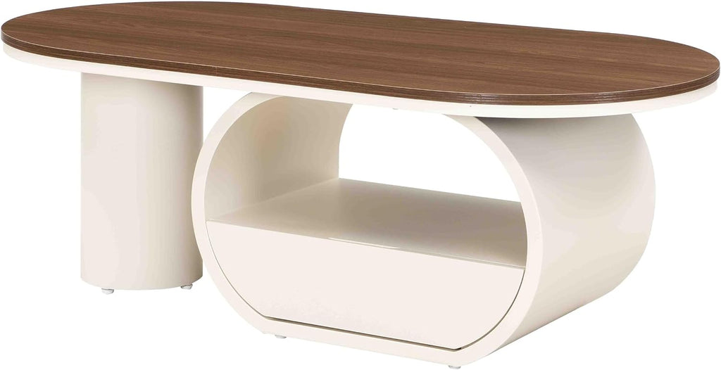 Luxury Oval Coffee Table, 47'' Modern Living Room Table with Storage Drawer, Wooden Wulnut MDF Top Sturdy Metal Base Beige White, Large Center Tables for Home Apartment