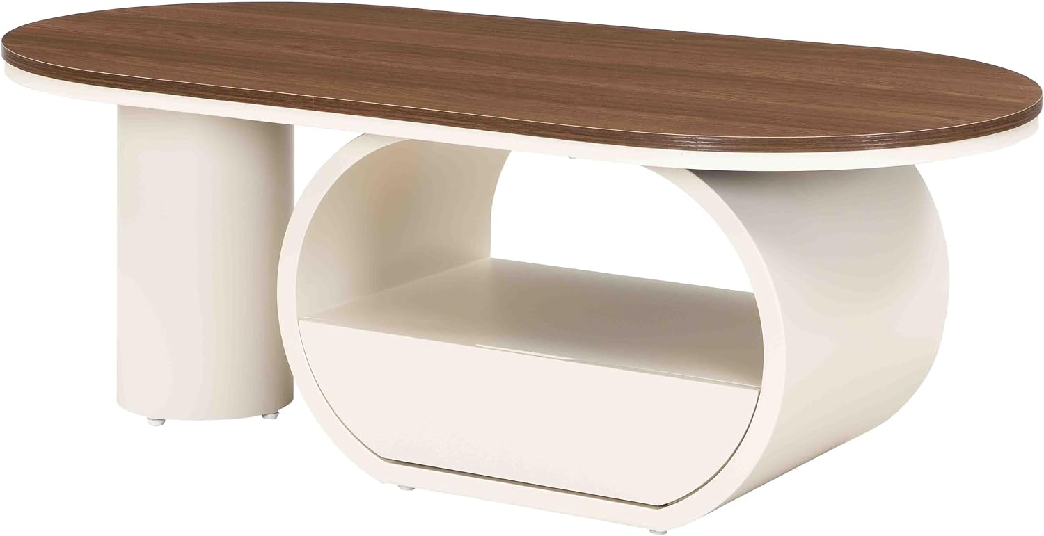 Luxury Oval Coffee Table, 47'' Modern Living Room Table with Storage Drawer, Wooden Wulnut MDF Top Sturdy Metal Base Beige White, Large Center Tables for Home Apartment