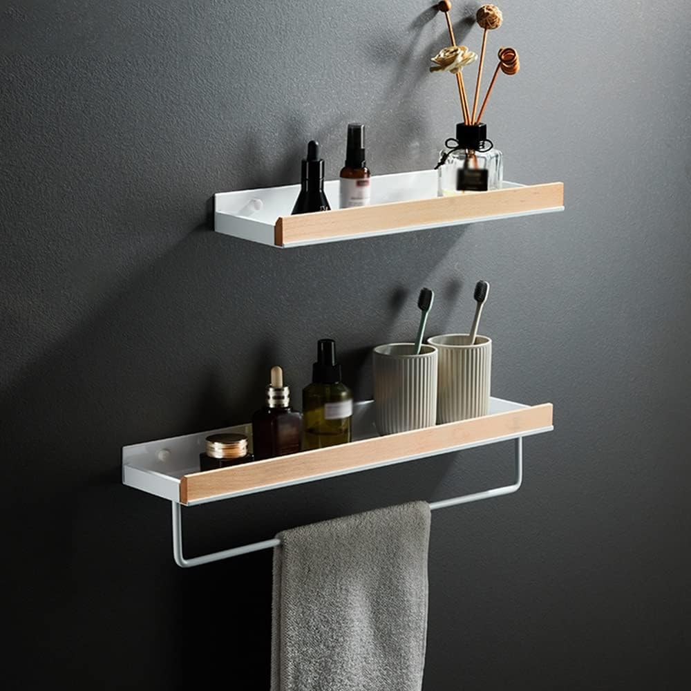 Shower Caddy Solid Wood Shower Caddy Shelf Organizer Towel Bar, Bathroom Wall Mounted Cosmetic Storage Rack Bathroom Organizer，White 50cm with Rod
