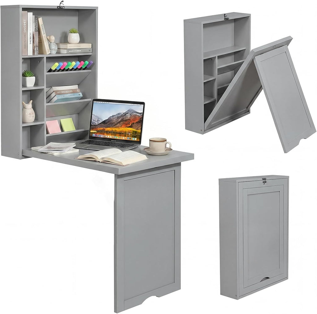 Tangkula Folding Wall Mounted Desk, Convertible Fold Out Floating Table with Storage Shelves, Space-Saving Drop Leaf Table, Murphy Desk for Craft, Study, Small Spaces, Home Office, Dorm, Grey