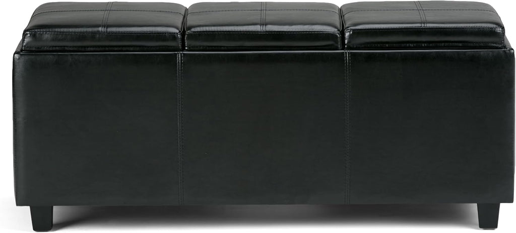 SIMPLIHOME Avalon Storage Ottoman - 42 inch Wide Upholstered Vegan Leather Rectangular Flip-Top Ottoman in Midnight Black, Contemporary Storage Coffee Table Ottoman for Living Room with Hidden Storage