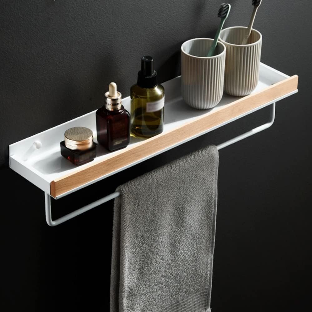 Shower Caddy Solid Wood Shower Caddy Shelf Organizer Towel Bar, Bathroom Wall Mounted Cosmetic Storage Rack Bathroom Organizer，White 50cm with Rod
