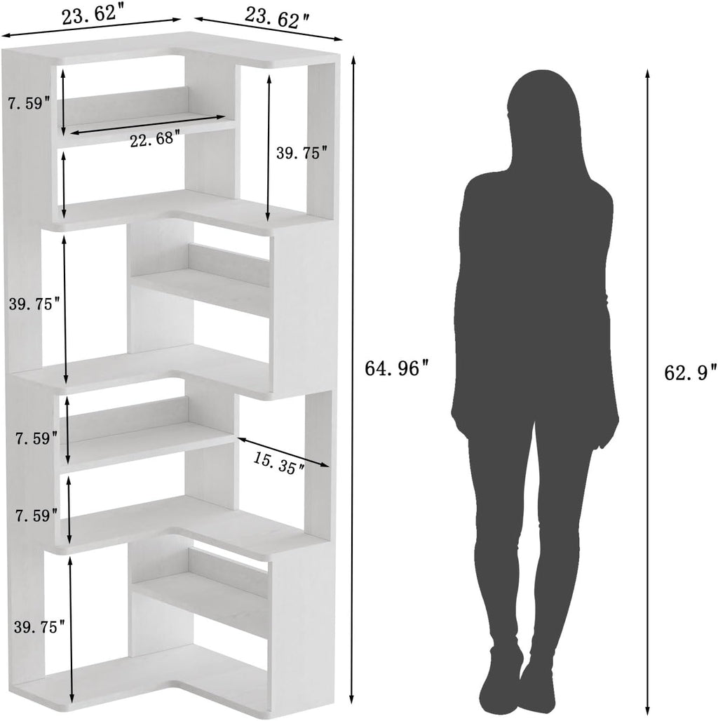 Lkeiyay 9-Tier White Corner Bookcase, 65' Tall Space-Saving Modern Corner Bookshelf for Living Room/Bedroom, Sturdy Open Storage Unit with Multiple Shelves, Perfect for Home Office & Small Spaces