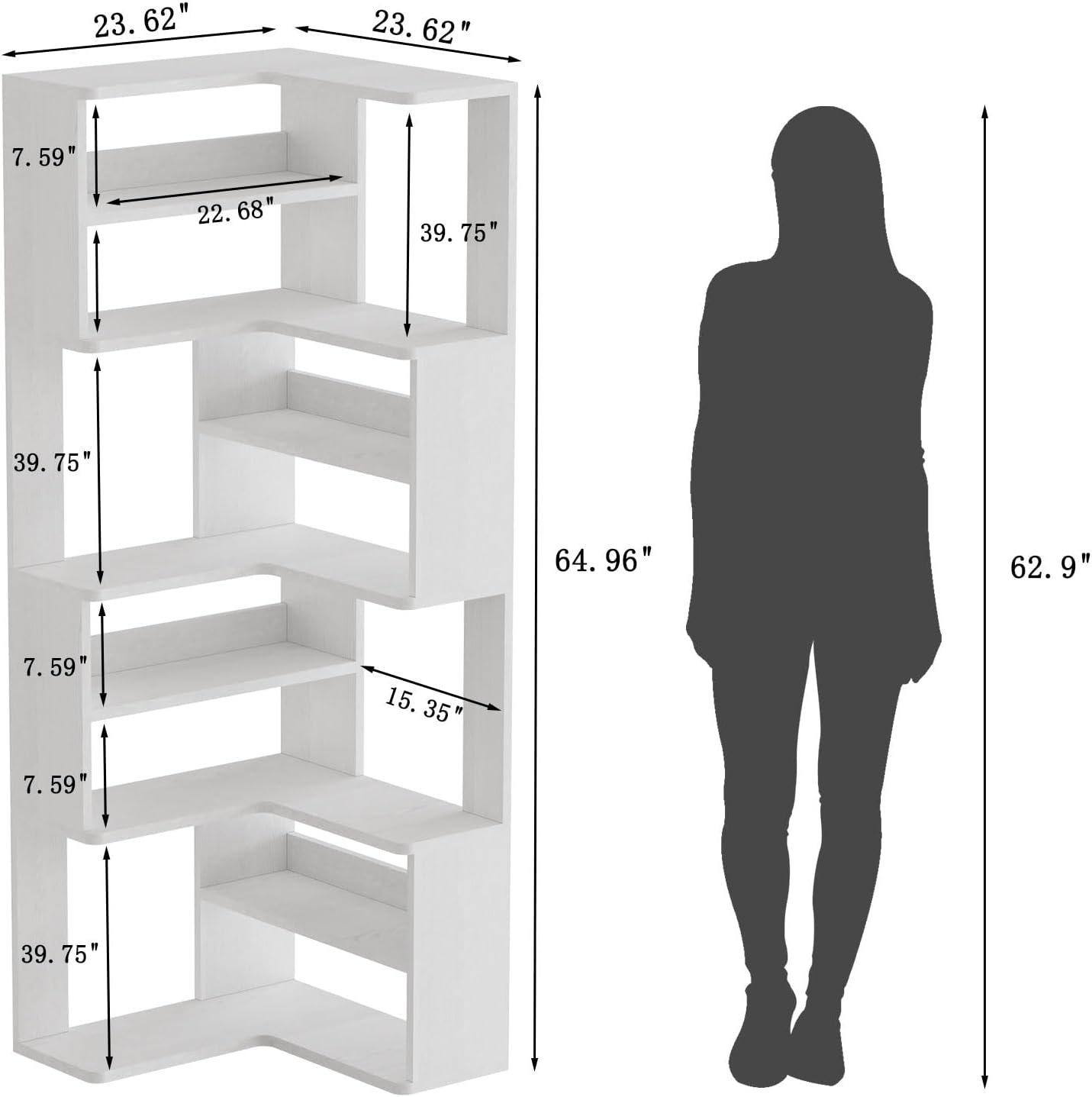 Lkeiyay 9-Tier White Corner Bookcase, 65' Tall Space-Saving Modern Corner Bookshelf for Living Room/Bedroom, Sturdy Open Storage Unit with Multiple Shelves, Perfect for Home Office & Small Spaces