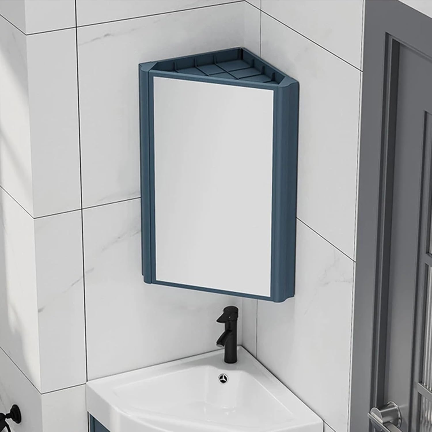 Bathroom Mirror Cabinet, Corner Vanity Mirror for Small Space, Wall Mounted Bathroom Storage Cabinet with Mirror, Aluminum Alloy Construction IP54 Waterproof (Color : Blue)