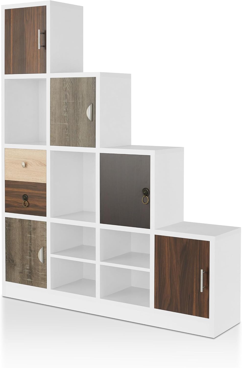 HOMES: Inside + Out Catrina Modern 10-Cube Storage Bookcase with Drawer, L Shaped Ladder Corner Staircase Display Shelves, 4-Tier Organizer Shelf for Living Room , Bedroom, Office, Apartment, White