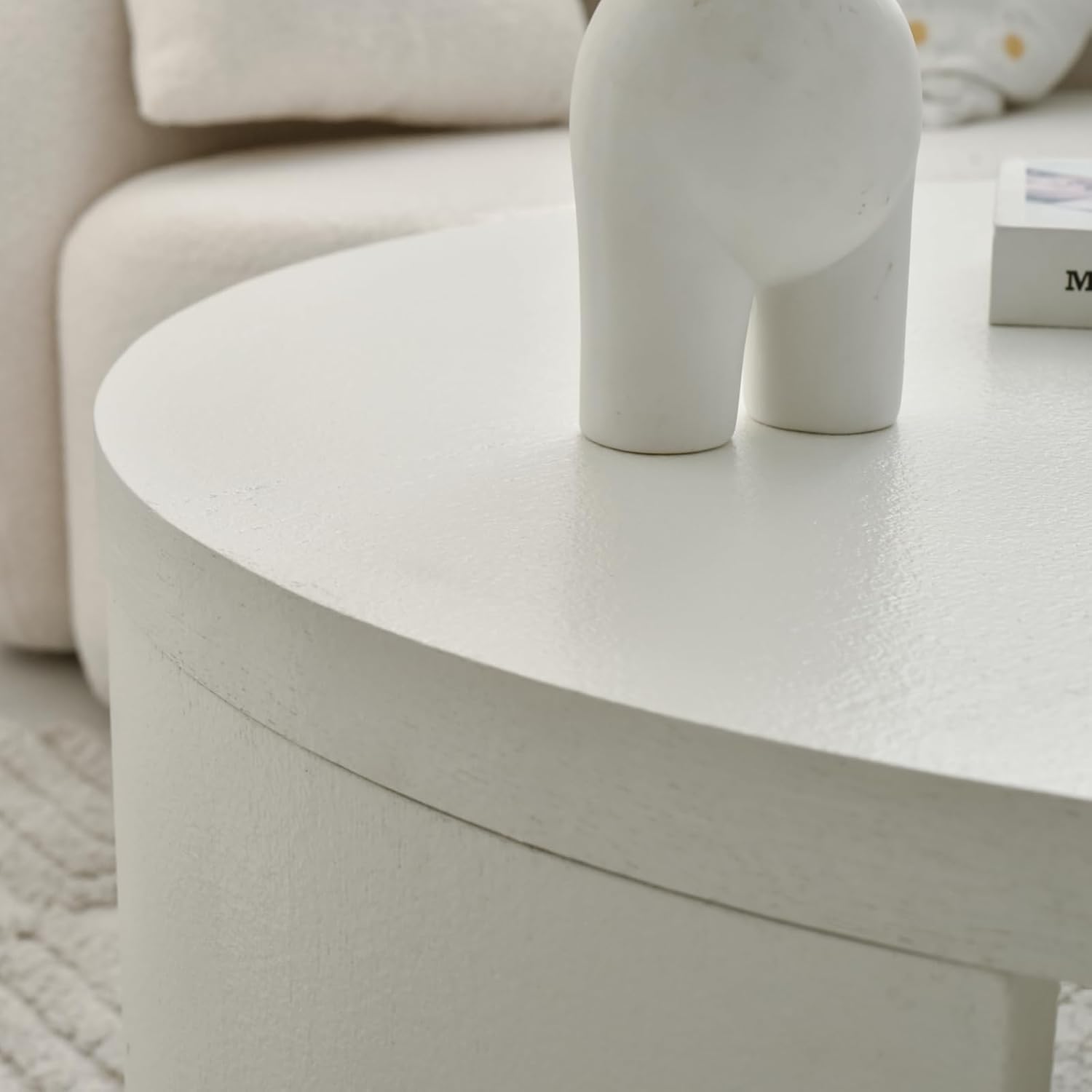 Round Coffee Table Set of 2, Nesting Coffee Tables with Storage, Living Room Table Set, Modern Wood Center Table for Living Room, Apartment, 31.5' & 18' Accent Table Set, Textured White