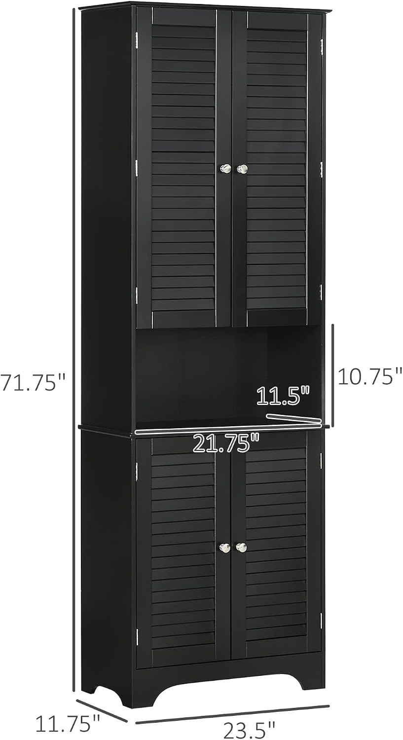 HOMCOM Tall Narrow Bathroom Storage Cabinet with Doors and Shelf Adjustability, Freestanding Linen Cabinet with 2 Cabinets and Countertop, Black