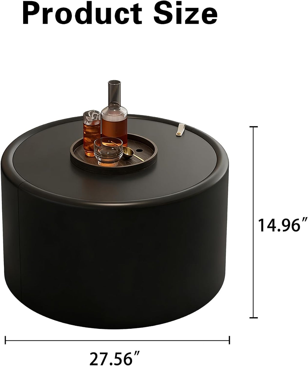 Black Round Coffee Table with Hidden Storage, 27.56' Drum Coffee Table with Tempered Glass Top and PU Leather Body, Circle Cocktail Tea Table for Living Room, No Assemble