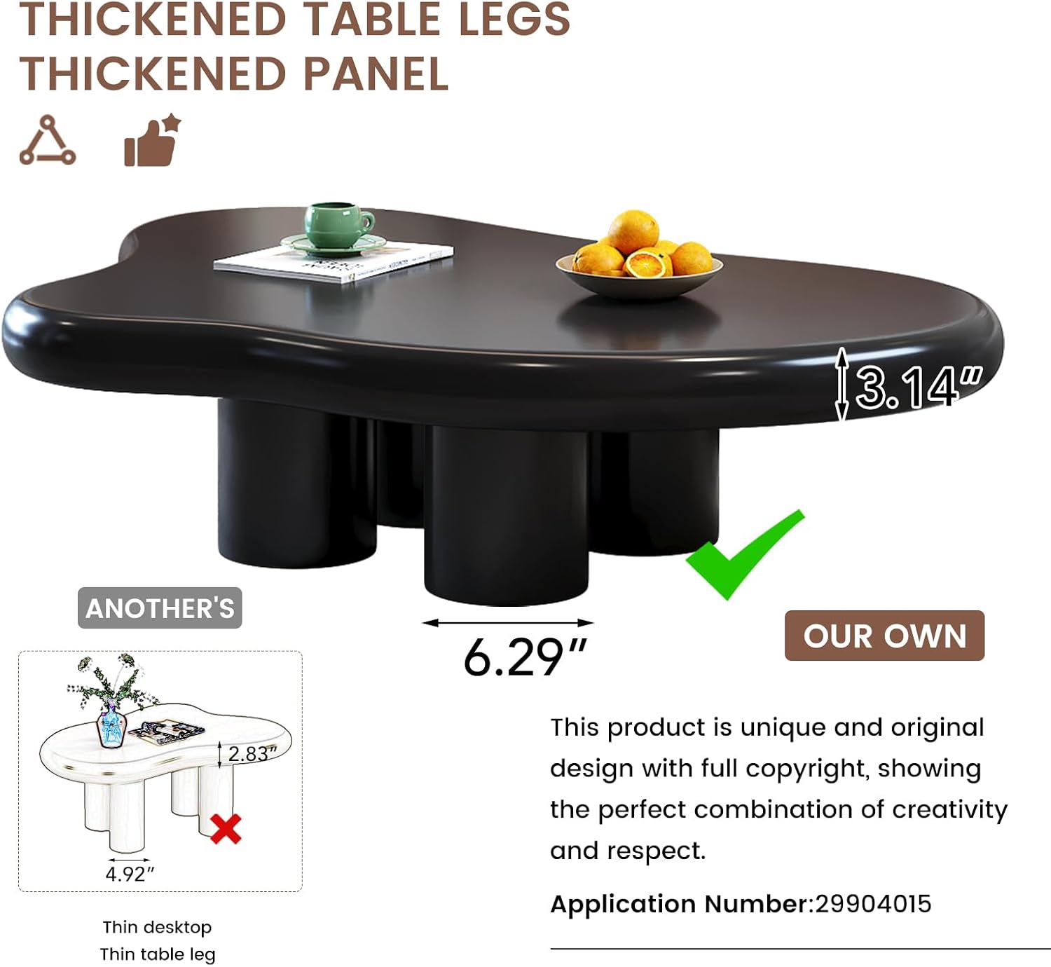 46.06' Black Large Cloud Coffee Table, Modern Round Edge Coffee Table with 4 Sturdy Support Legs and 2.67' Thick Tabletop,Easy Match for Living Room, Bedroom, Balcony,Patio
